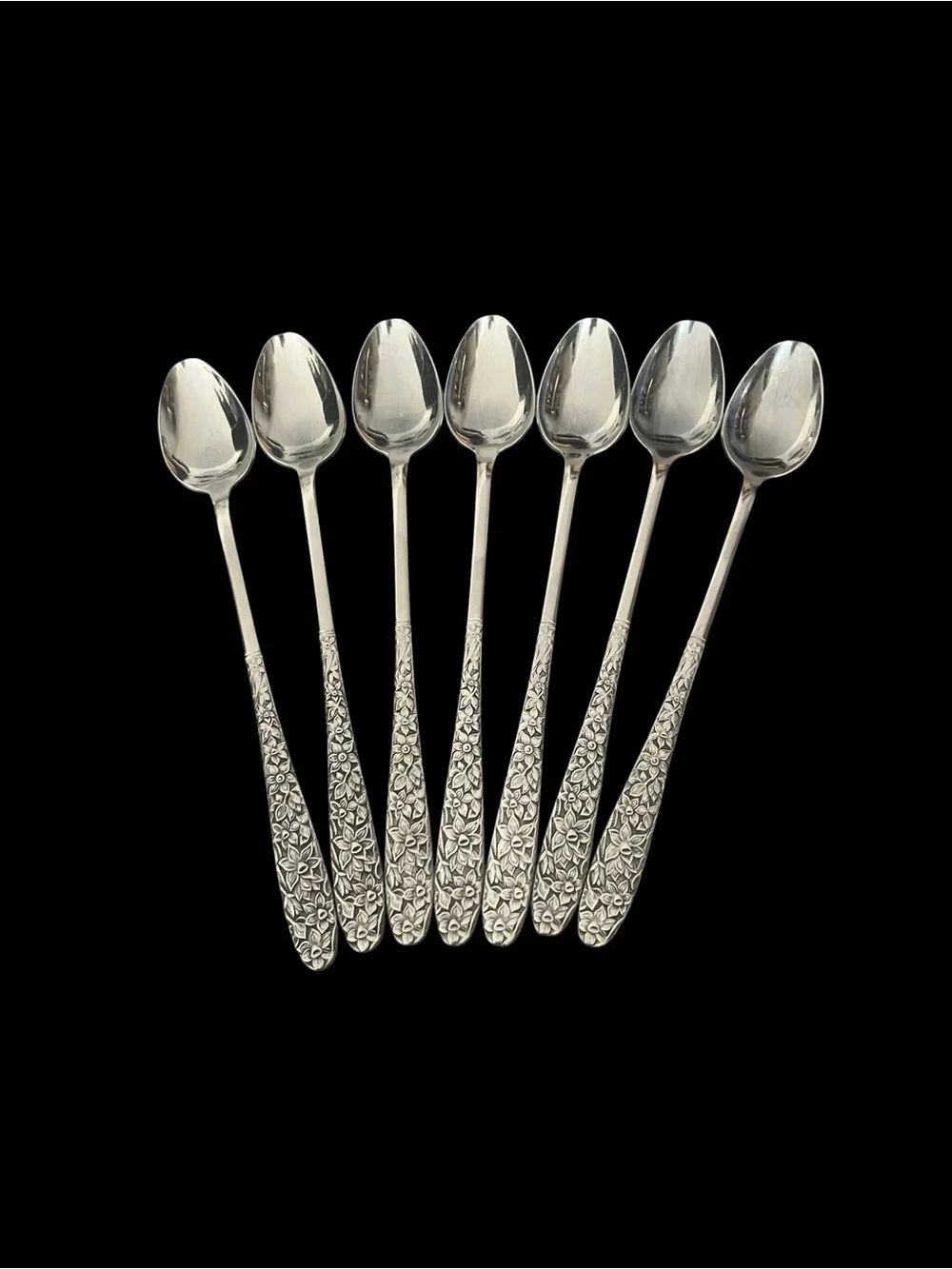 VTG Nasco Narcissus Japan Embossed Floral Set of 7 Long Handle Teaspoons Ice Tea